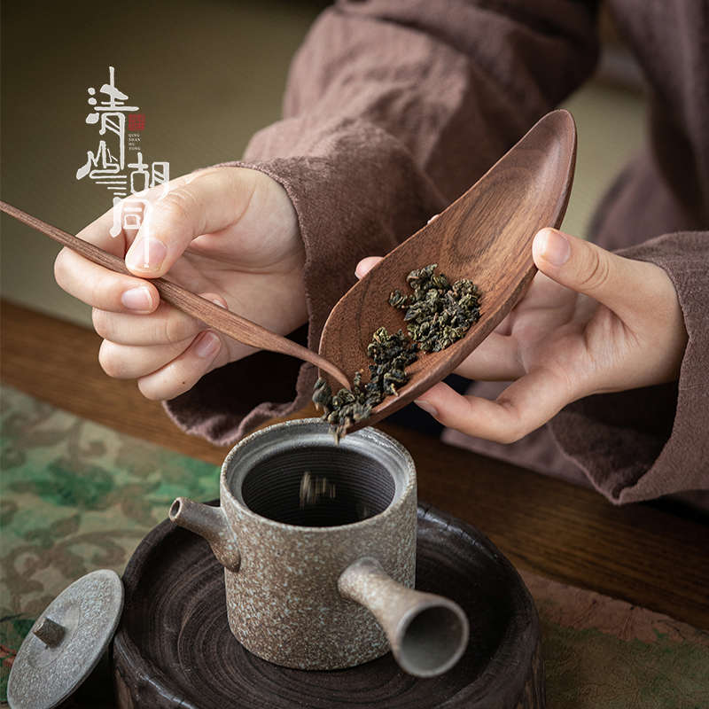 中式胡桃木茶则禅意实木茶荷三件套组茶夹茶拨针胡桃茶荷茶道配件