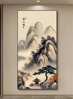 楼梯间挂画靠山有壁画玄关背入户新画竖版装饰画背景竖版中式靠山