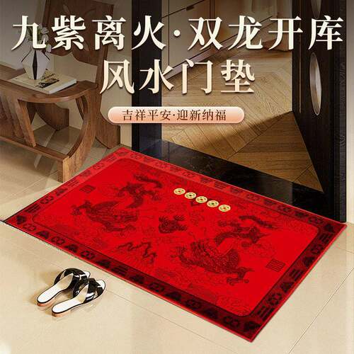 2026马年吉祥物九紫离火双龙开库风水门垫贴真铜钱入户地垫红地毯
