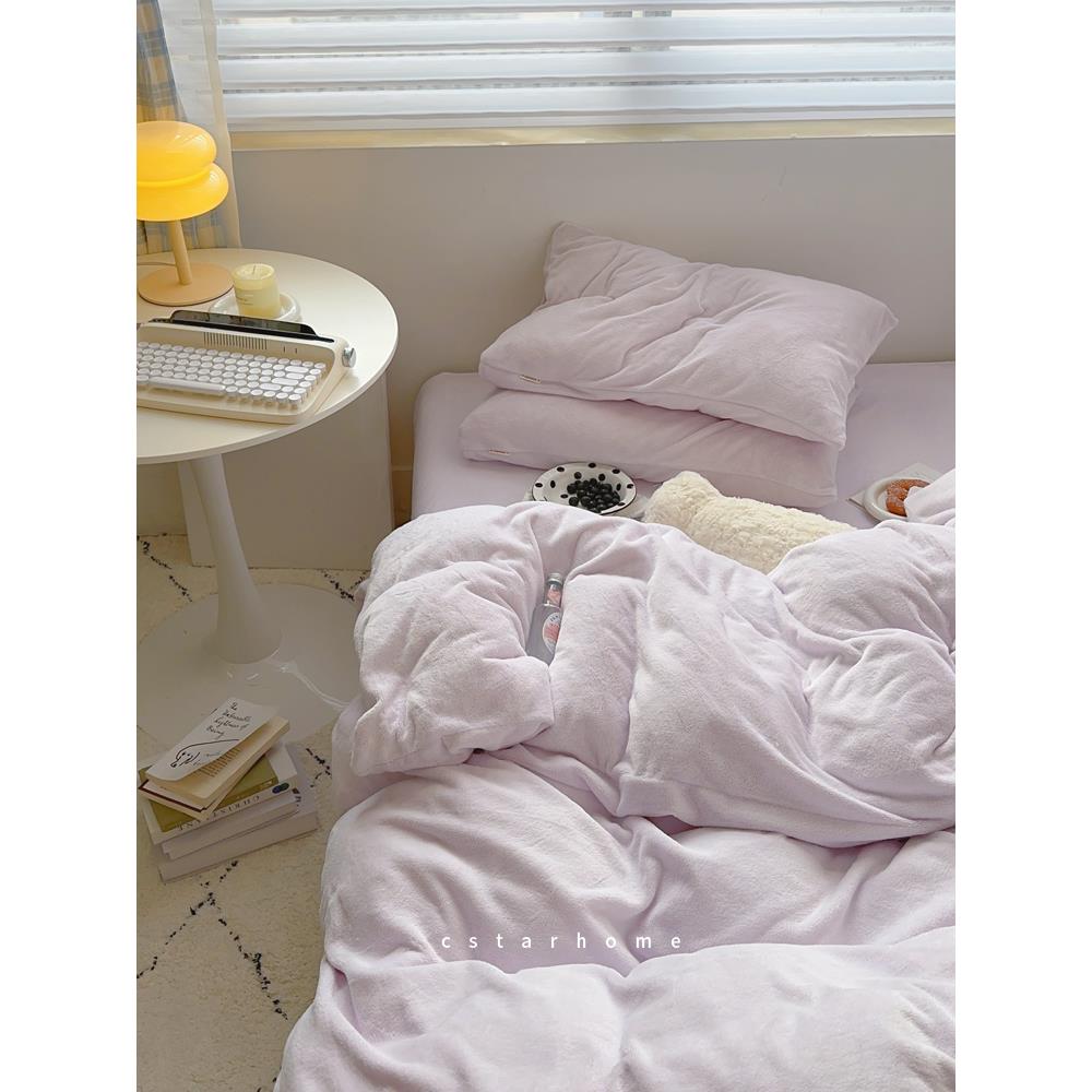ins纯色系简约加厚保暖牛奶绒床单床笠式法兰绒三件四件套可定制