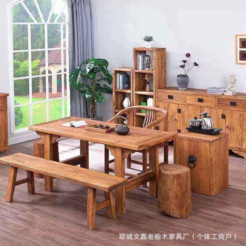 复古老榆木茶桌长条椅禅意茶室大板桌户外阳台实木老门板茶几桌子