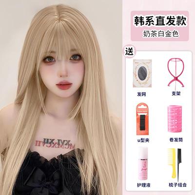 高档假发夏女顶长发色假发天薄款彷真发全真人发白金色显白整假浅