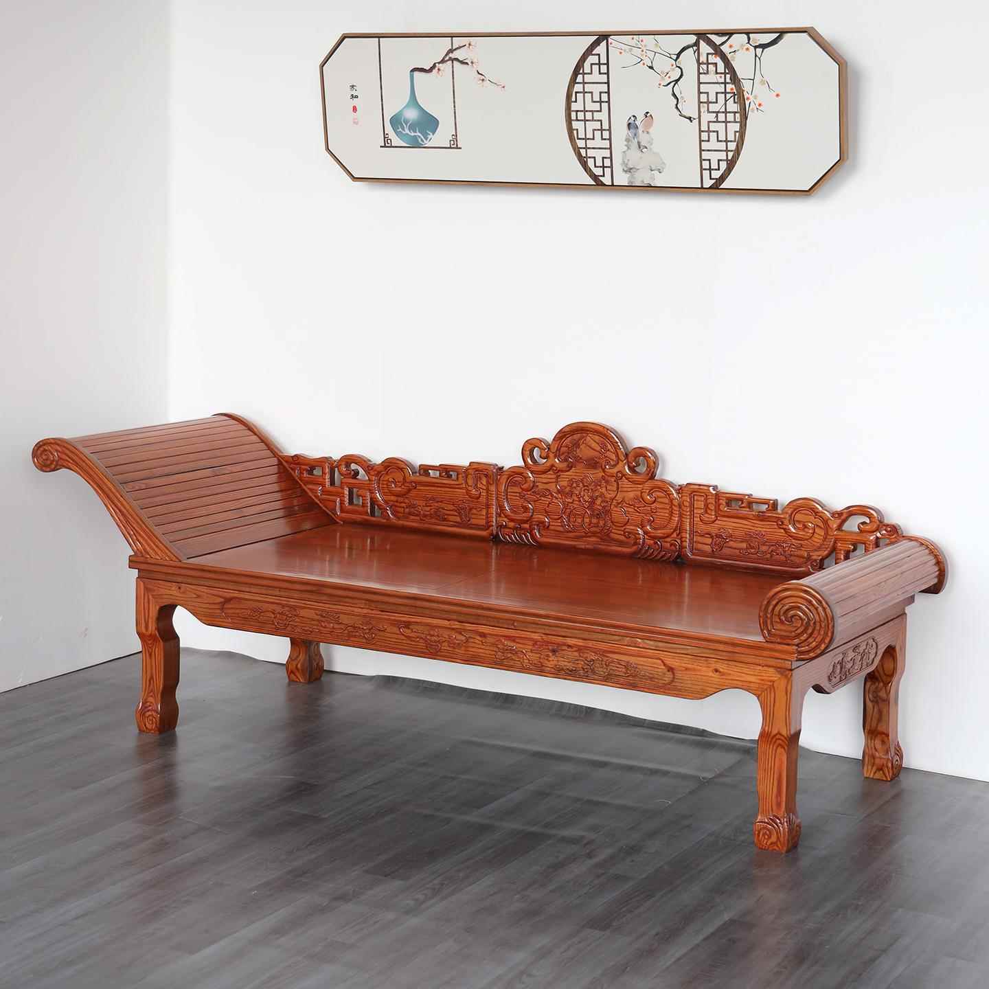 中式实木贵妃床榆木雕花仿古美人榻单人罗汉床小户型客厅沙发躺椅