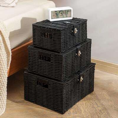 家用藤编面收收纳盒收b2961-6纳桌筐带盖纳收箱纳整理篮筐户