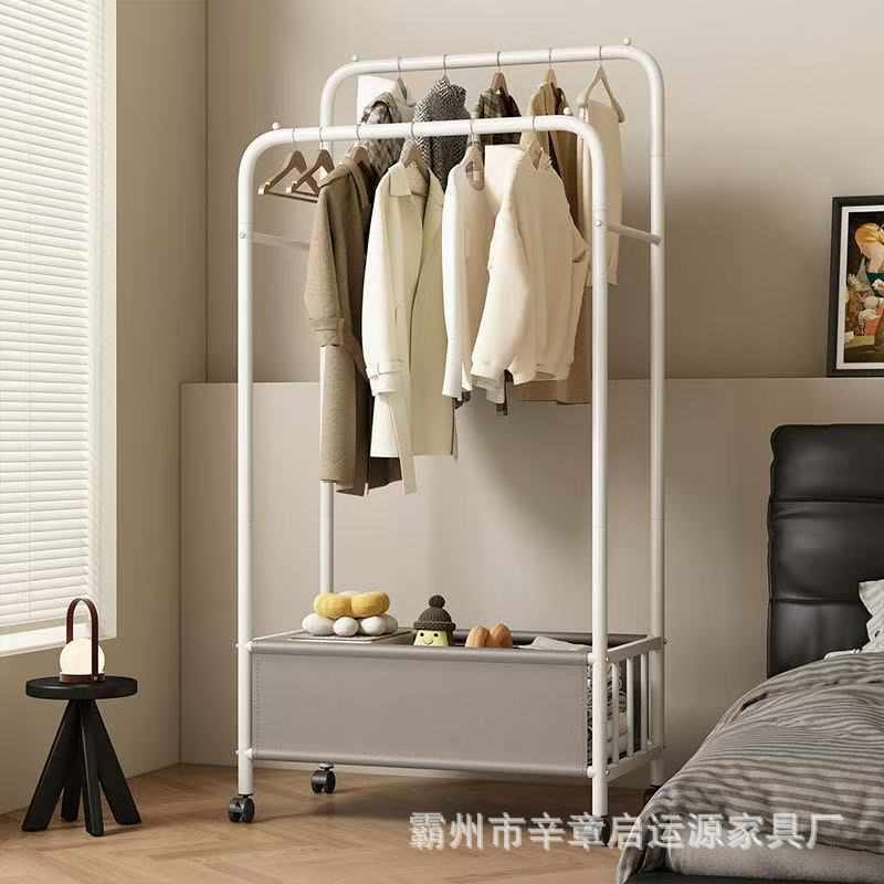 卧室挂衣架双杆晾衣架落地带筐衣架带轮移动衣帽架落地卧室置物架
