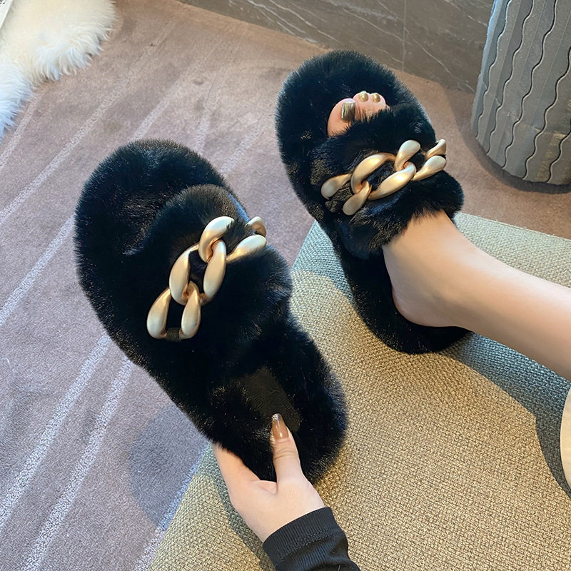 爆款毛毛拖鞋女冬季外穿2026新款链子高级感网红厚底毛绒棉拖春秋