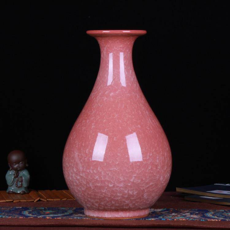 仿古陶瓷花瓶摆件红色冰片裂纹釉玉壶春中式田园风格工艺品装饰品