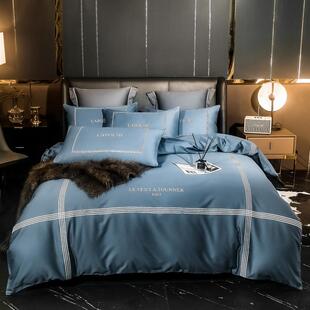 纯棉床品60支纯色贡缎长绒棉刺绣被套床单四件套全棉三件套