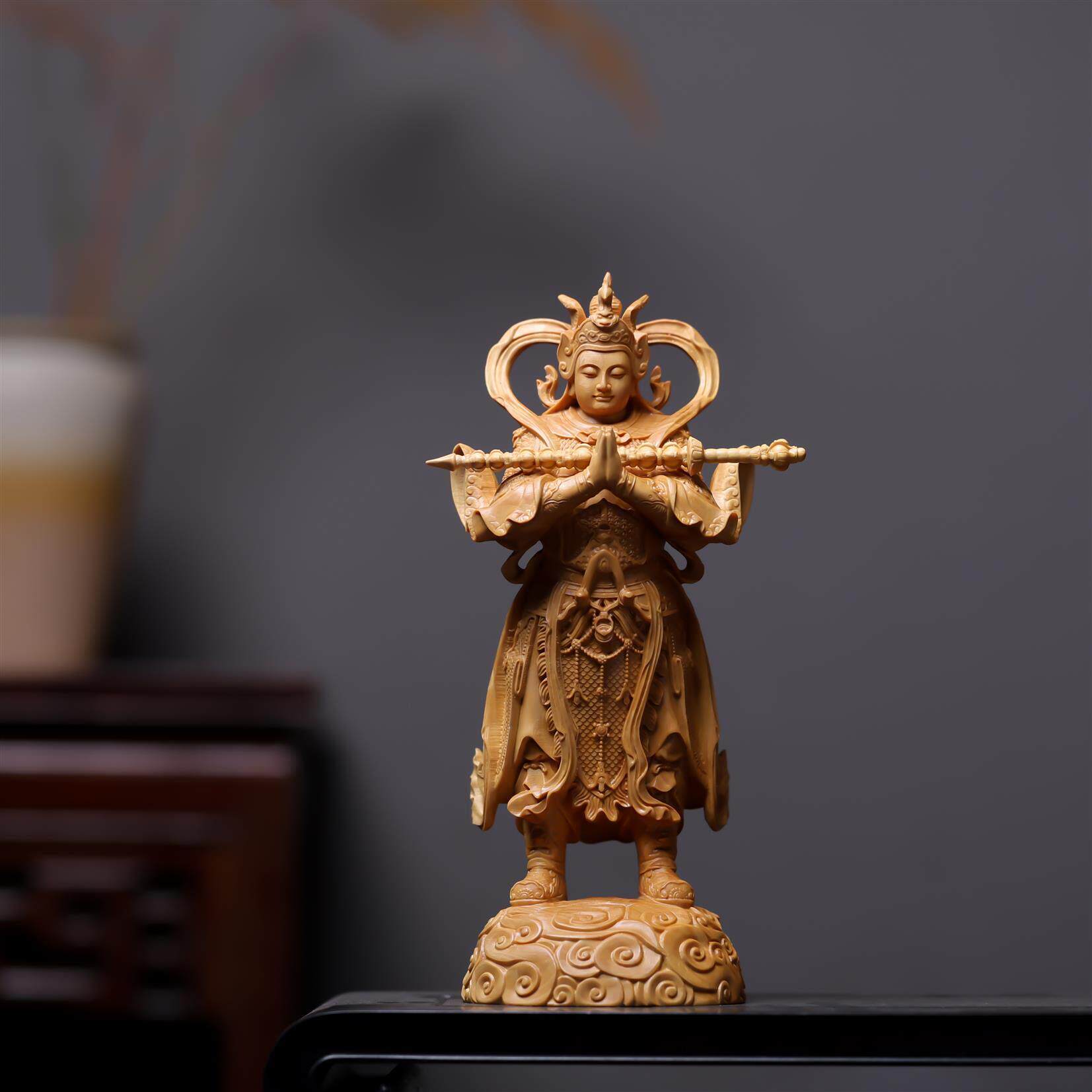 正宗小叶黄杨木精雕珈蓝韦陀尊者菩萨左右护发门神像工艺品摆饰