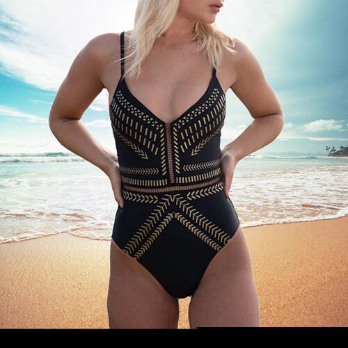 Women's one-piece swimsuit with printed patchwork backless