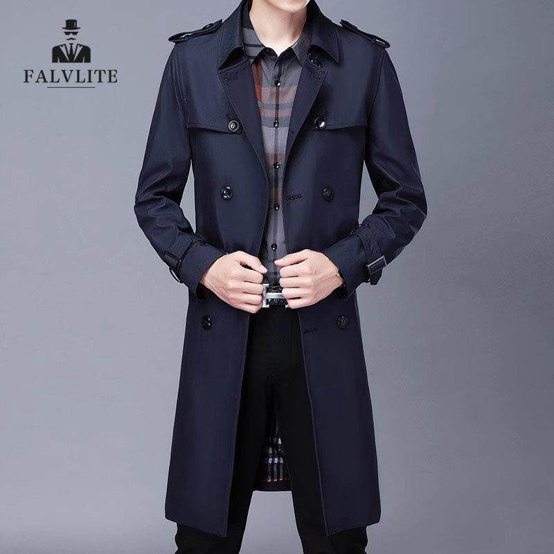 FALVLITE春秋中长款商务休闲风衣男中年英伦风修身外套双排扣大衣
