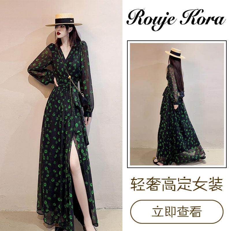Rouje Kora法式度假碎花连衣裙女夏季绑带茶歇裙收腰显瘦沙滩长裙