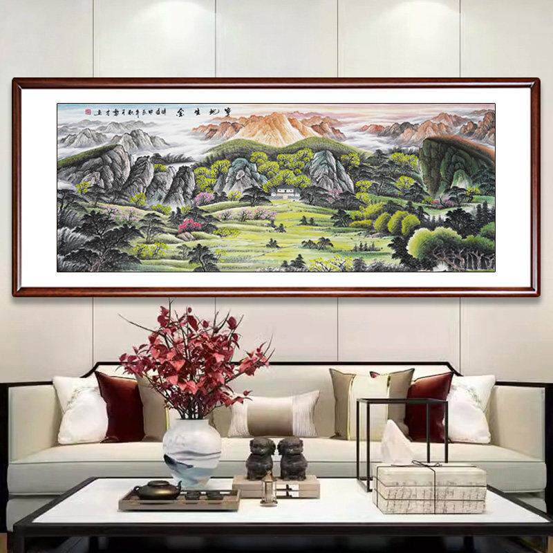 保底生金色山水画手绘风水画客厅办公室中国画西墙挂画聚宝盆装饰