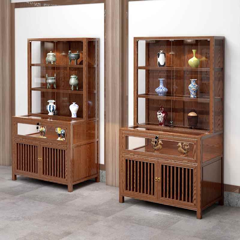 实木珠宝展示柜玉器首饰货柜新中式翡翠陈列柜榆木玻璃展示柜台