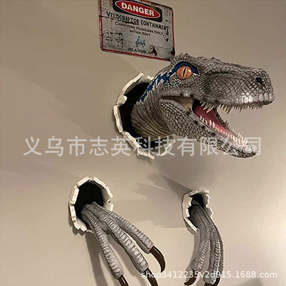 热卖恐龙摆件迅猛龙套装墙壁破裂树脂挂件墙壁艺术装饰道具