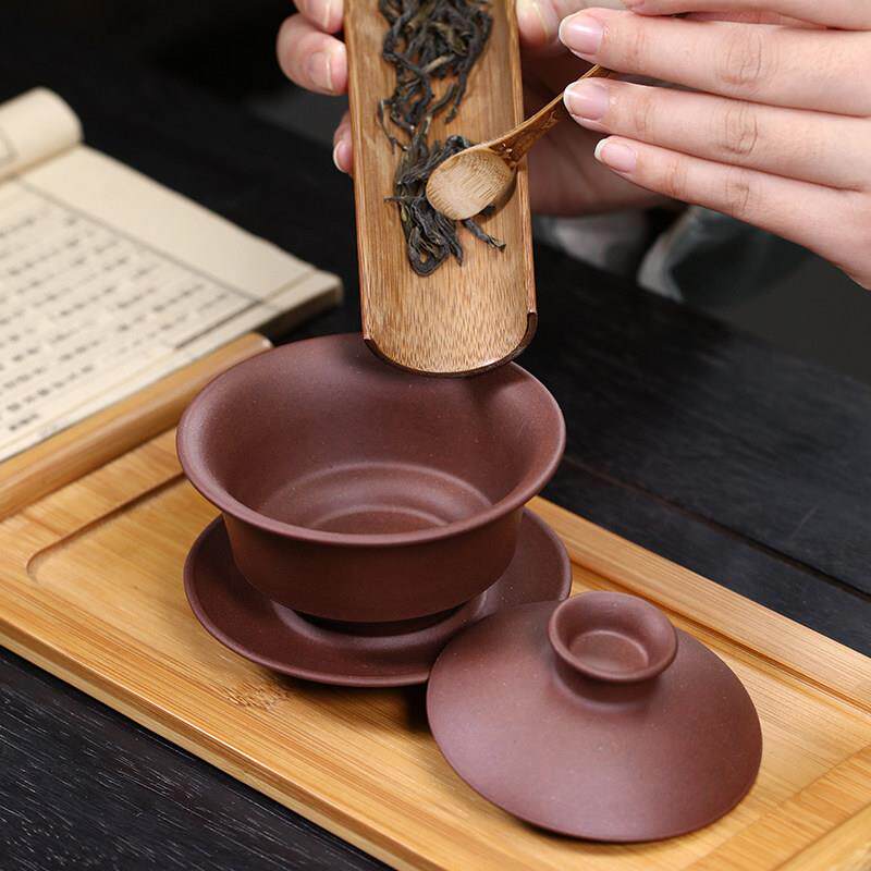 紫砂三才盖碗茶杯单个茶碗带盖不烫手古代敬茶杯小盖碗手抓壶茶具
