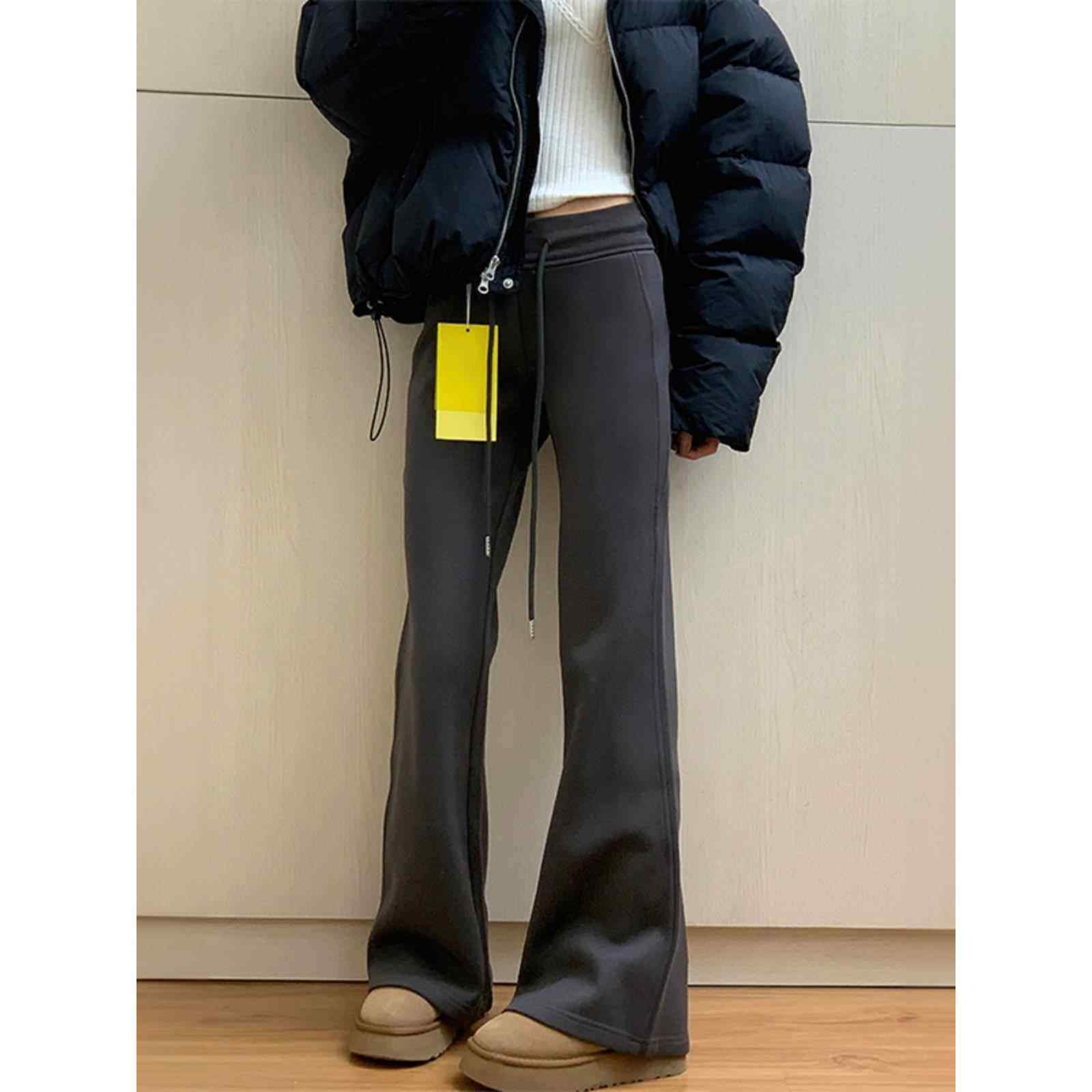 韩国深灰色微喇休闲裤女2025春秋新款胖妹妹mm高腰弹力运动卫裤潮