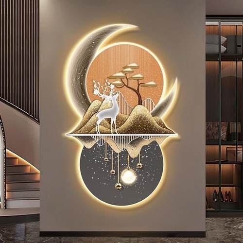 轻奢大气入户玄关装饰画办公室麋鹿山水壁画LED灯画走廊过道挂画