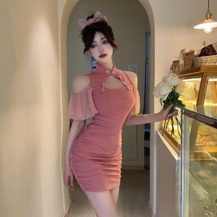 夏季新中式旗袍改良年轻款少女显瘦露肩包臀连衣裙直播衣服女主播