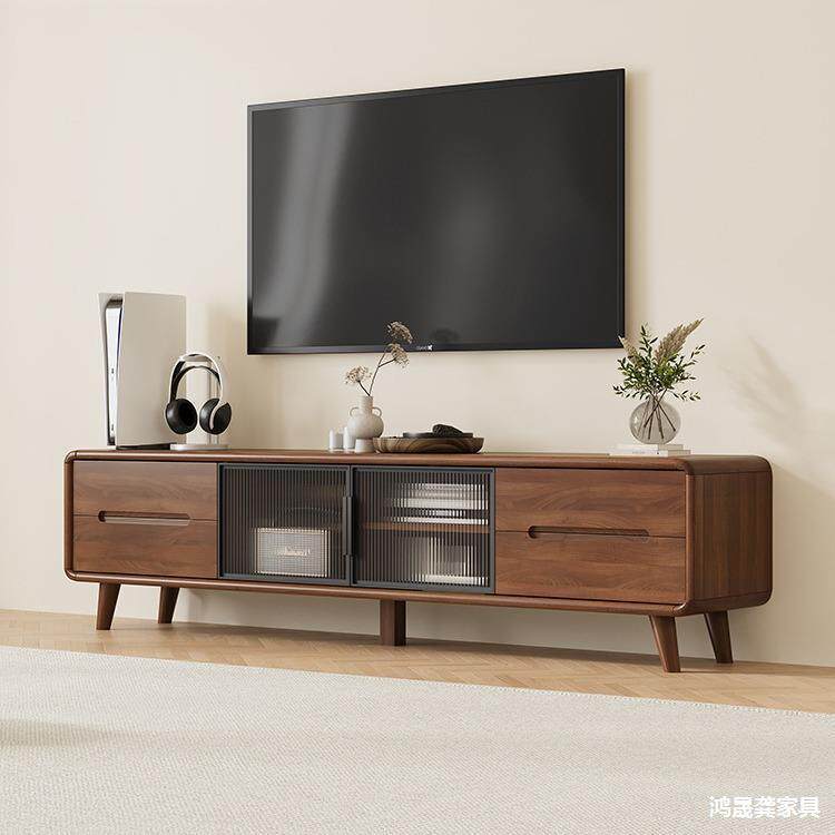 电视柜简约现代客厅家用实木框小户型卧室落地收纳储物柜一体靠墙