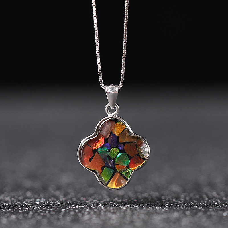 收藏级加拿大斑彩石四叶草吊坠925银锁骨项链单坠