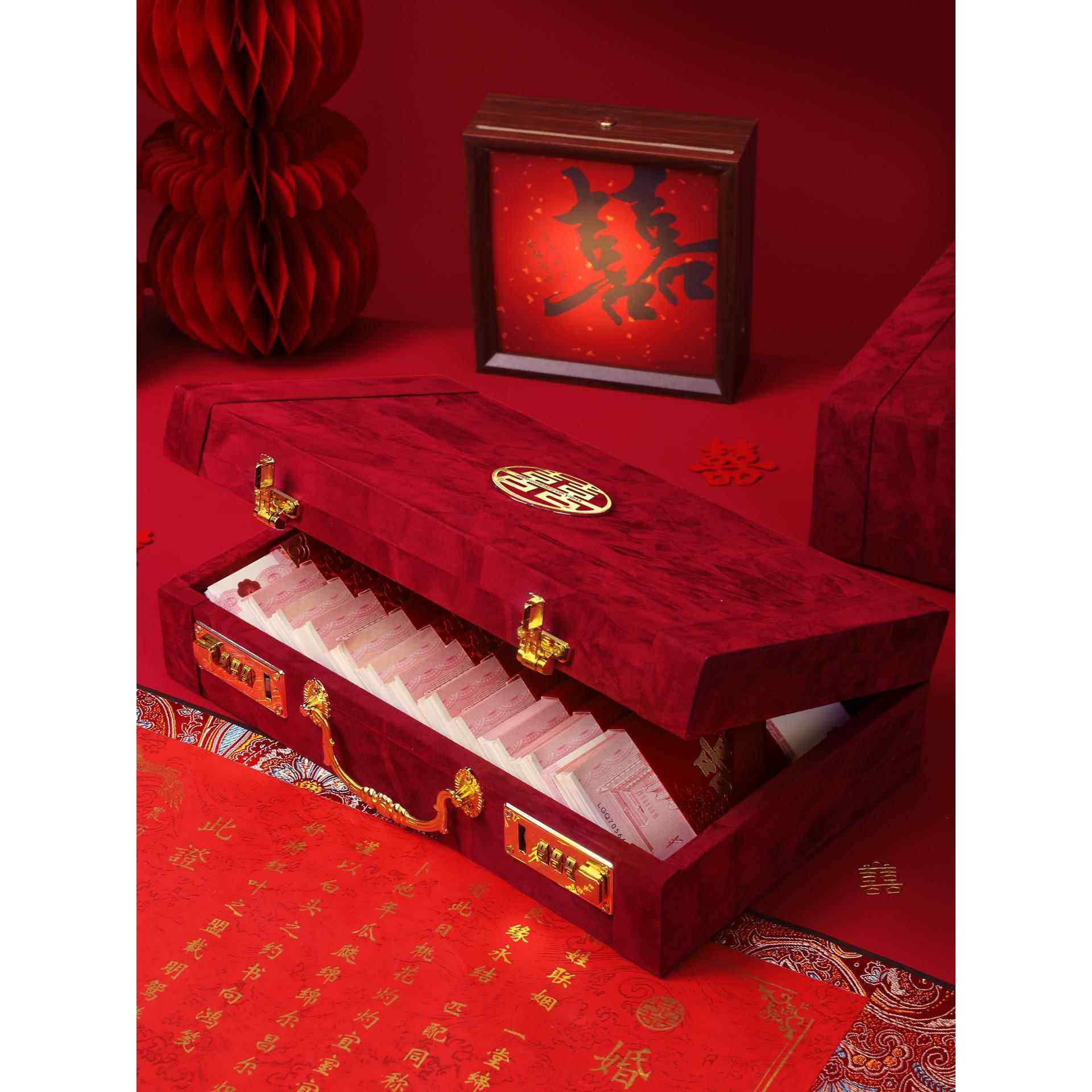 订婚彩礼钱现金礼盒子结婚高档木质绒面礼金盒礼金箱提亲下聘礼盒,节庆用品/礼品,礼金箱,淘宝优惠券,粉丝福利购,淘宝优惠卷