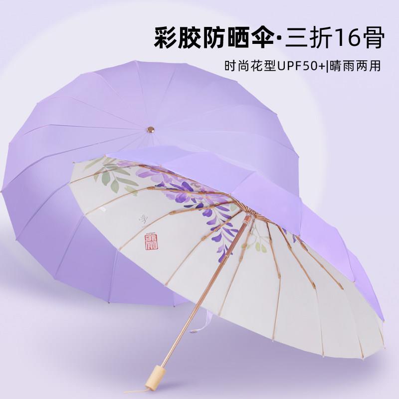 可携式彩胶16骨结实抗风遮阳伞抗UV防晒晴雨两用伞手动印花新品