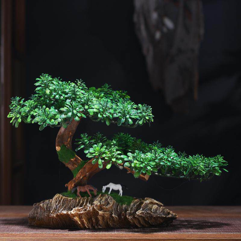 仿迎松植树叶树枝盆栽假花塑料花摆件假松树道具盆真景MP00305绿