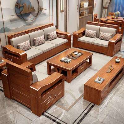 胡桃木小发组合大户型现代中式转RFR角沙实木艺沙发套布装客厅家