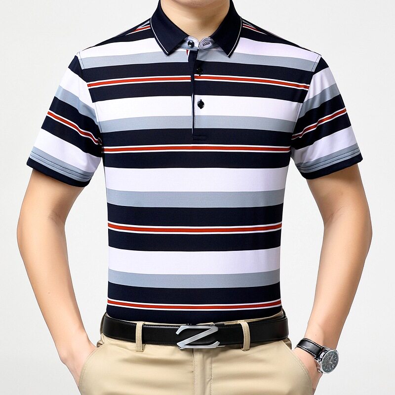 夏季条纹短恤袖恤男士丝中青年商务休闲桑蚕爸爸装体衫