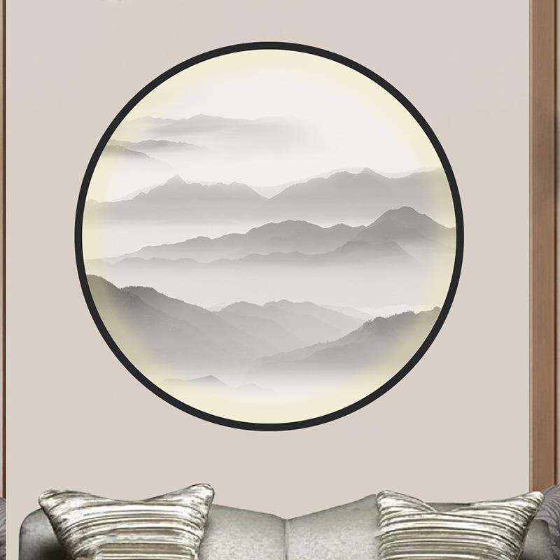 半透明丝绢灯画新中式山水画进门玄关画圆形装饰画双面屏风挂画