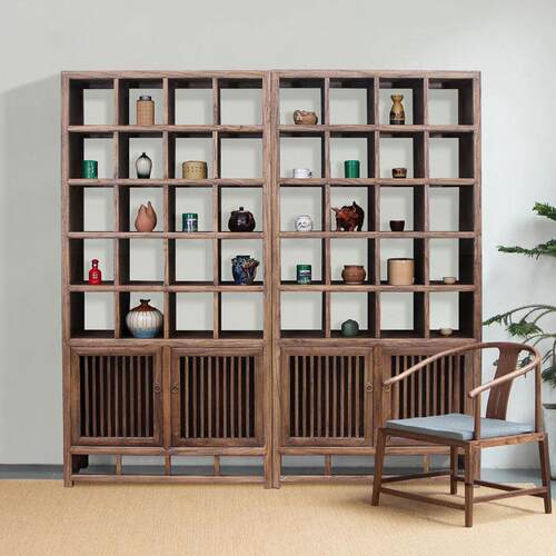 新中式博古架复古怀旧老榆木茶室置物茶壶展示柜多宝阁实木仿古柜