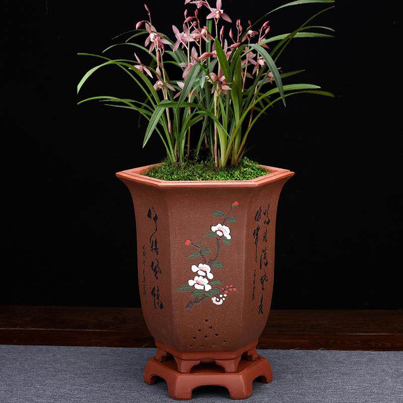 紫砂兰花盆六方点彩君子兰蕙春建兰客厅绿植桌面手工古典盆景