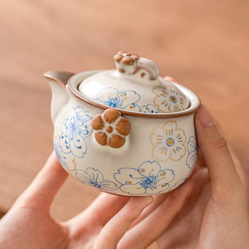 厂家蓝桃花汝窑中式茶壶单壶泡茶仿宋手抓壶开片可养单个高档茶具