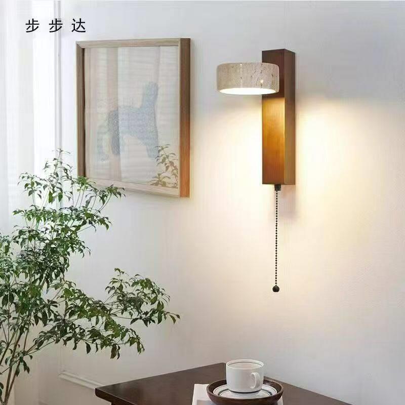 天然黄洞石新中式壁灯卧室床头灯客厅背景墙灯中国风复古实木灯具