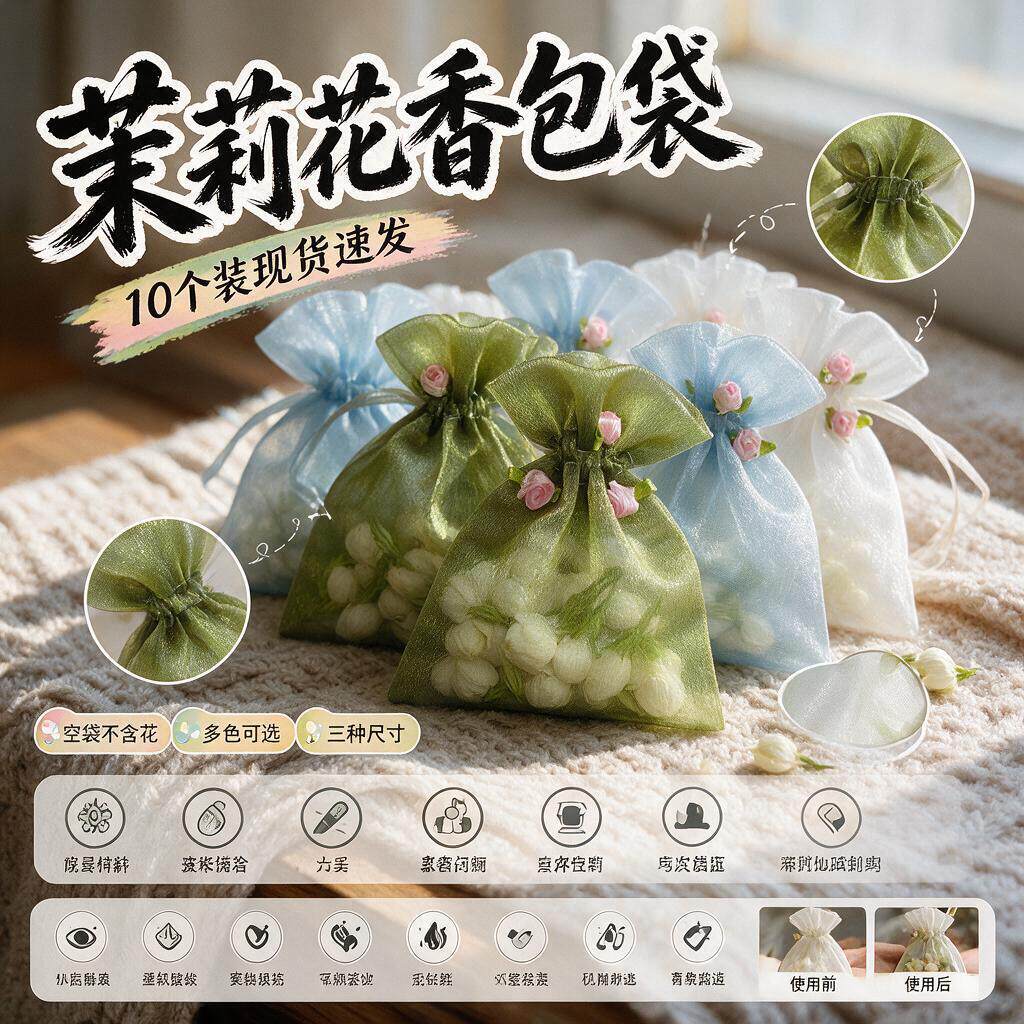 香包网纱袋茉莉花香囊空袋纯色欧根透气密束口礼品袋桂花