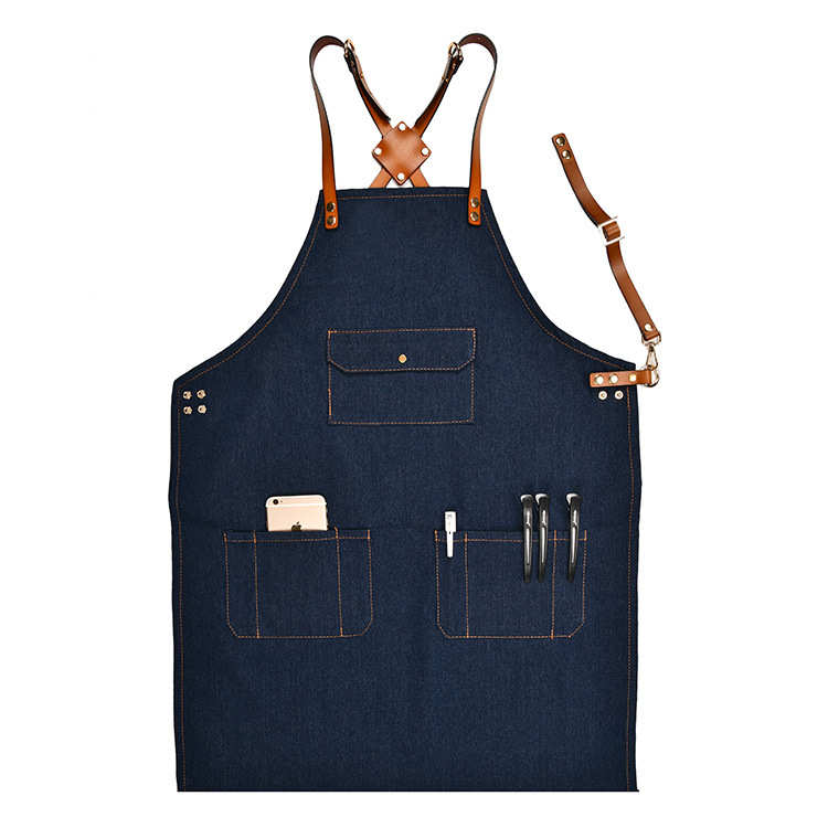 工厂围裙韩版时尚牛仔厨房成人热转印logo防油棉咖啡厅工作围裙
