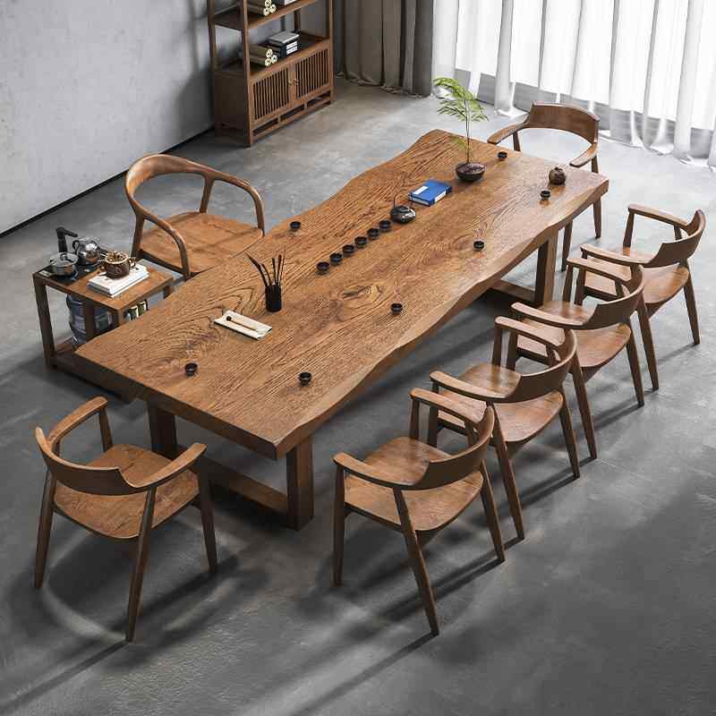 新中式实木茶桌平面大板茶桌椅组合一桌五椅办公室家用茶台泡茶桌