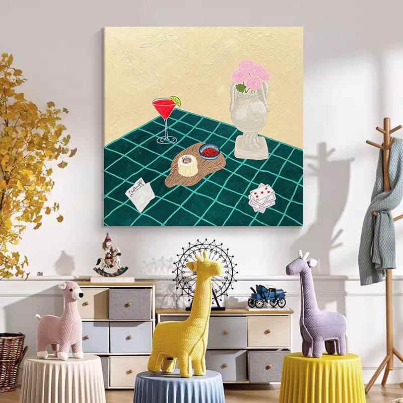 抽象静物客厅餐桌手绘油画小众艺术装饰画方形玄关肌理高级感挂画图片