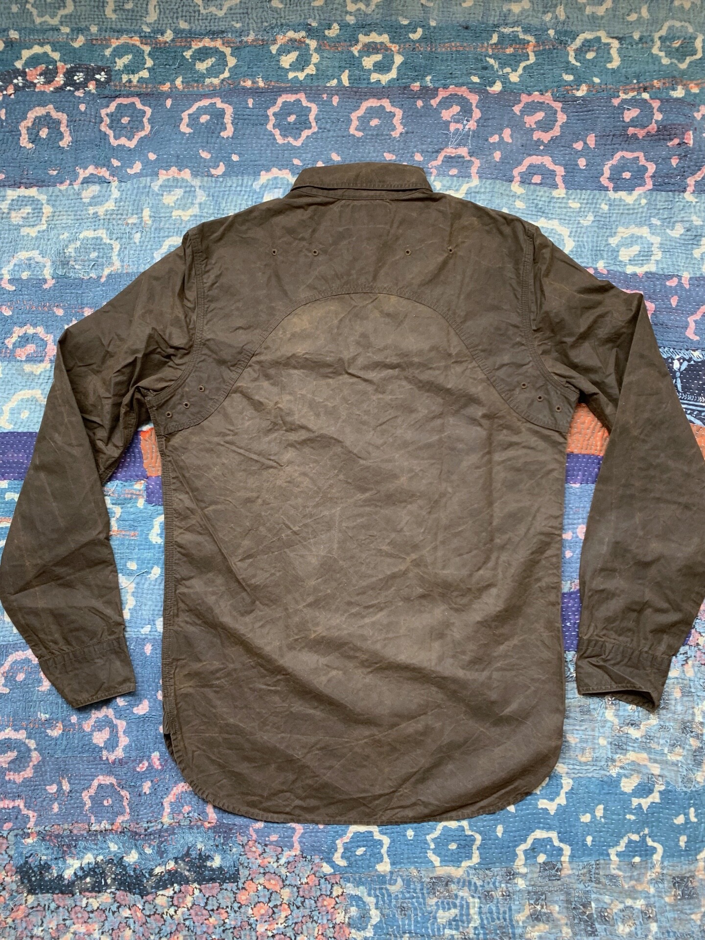RRL Waxed Washed Distressed Denim Shirt — detail
