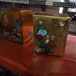 贴金箔手工彩绘漆器2门柜抽屉小柜子创意新中式 珠宝首饰收纳盒子