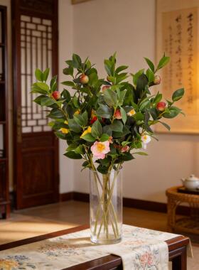 仿真油茶花枝婚庆用花假花仿真花造景山茶花级感逼真油画假茶花