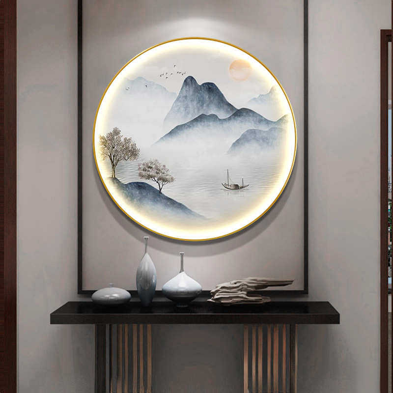 PK7J新中式圆形装饰画客厅玄关灯画山水画茶室禅意挂画水墨画风景