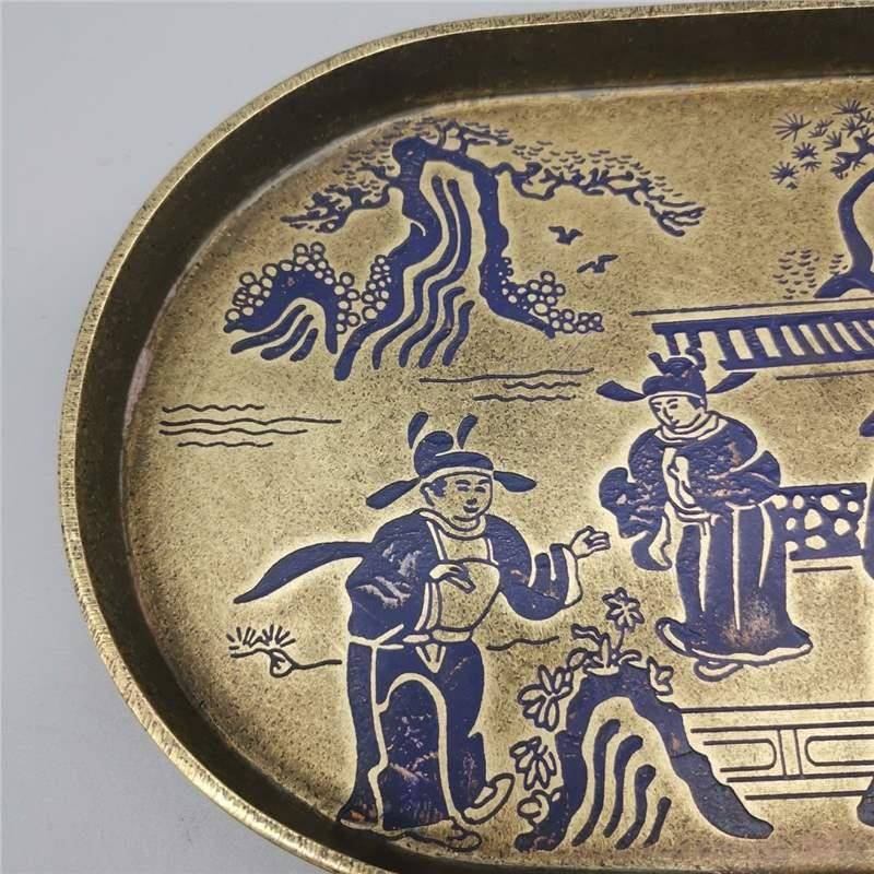 铜盘子黄手工漆绘仿古铜器茶盘托盘家居办公茶道装饰工艺品摆件