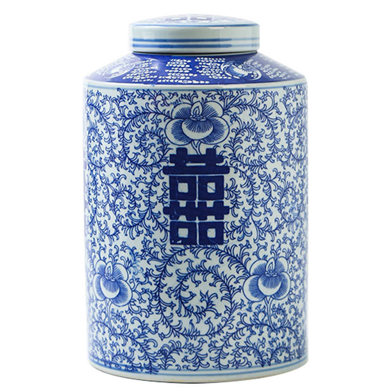 帛画青花瓷喜字罐花瓶结婚陶瓷罐景德镇喜字陶瓷花瓶中式陶瓷摆件