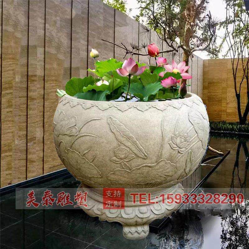石雕青石彷古做旧鱼缸花盆户外室内庭院装饰摆件流水培鱼圆缸花盆