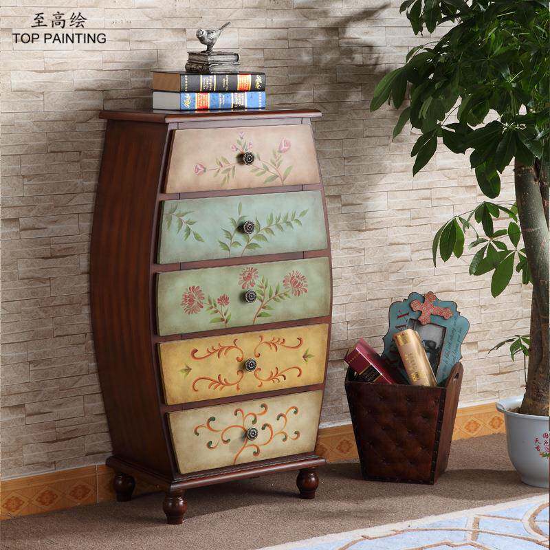 至高绘 复古手绘美式乡村实木五斗柜 卧室边柜装饰柜田园彩绘家具