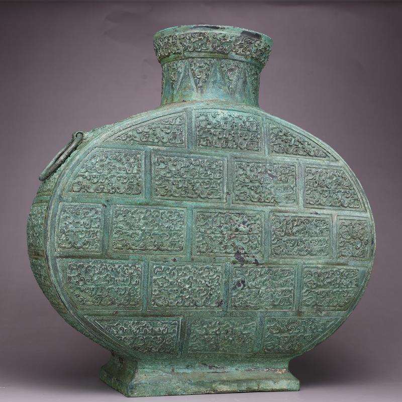 仿古青铜云纹扁壶摆件花瓶客厅酒柜家居艺术品纯铜收藏品