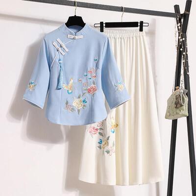 中国风女唐装春夏新款日常可穿改良汉服套装裙女民国风茶艺师服装