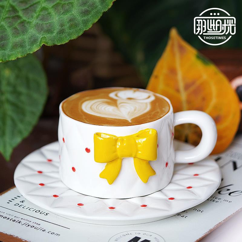 咖啡杯ins风马克杯情侣对杯蝴蝶结陶瓷少女心下午茶杯碟套装